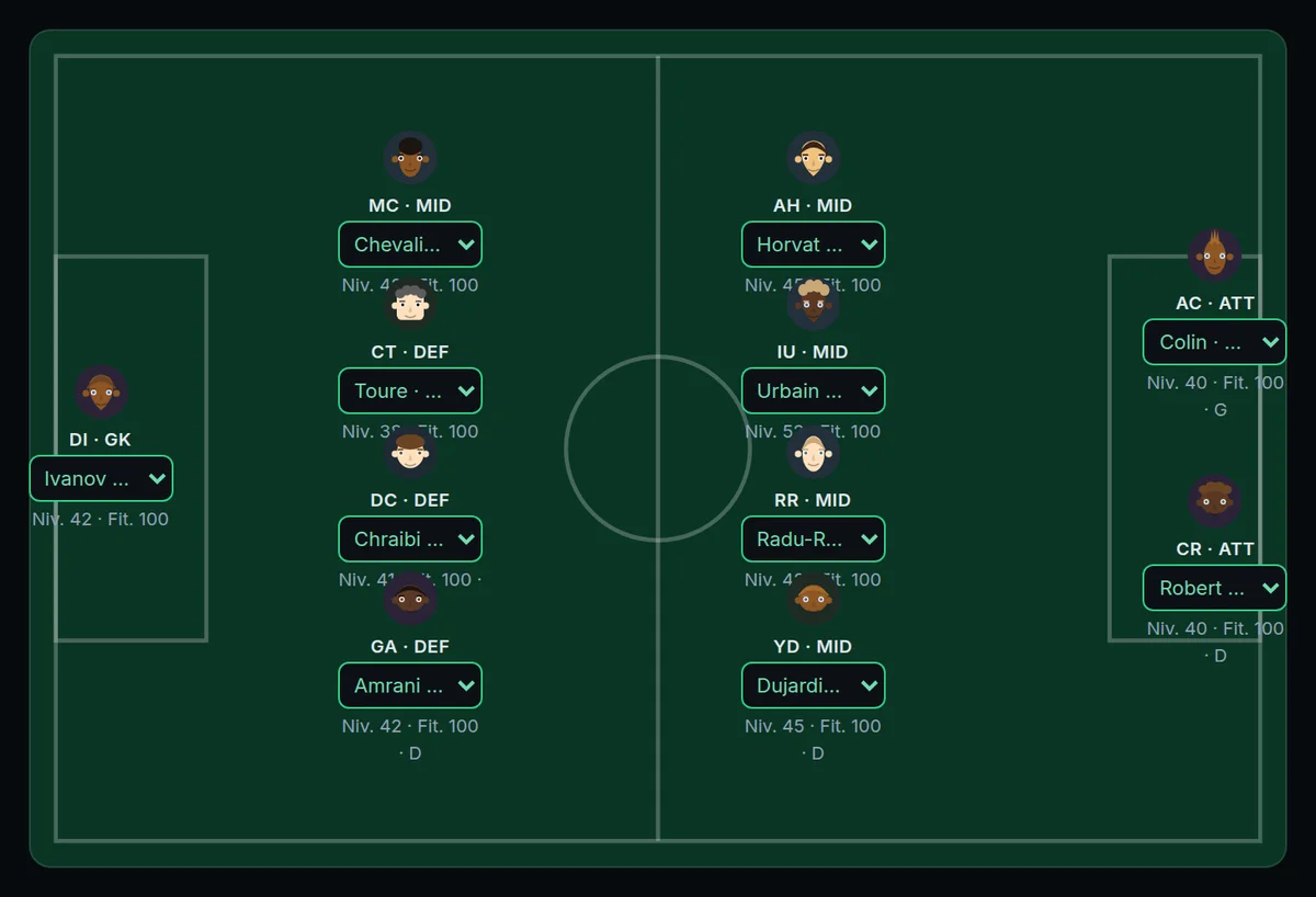 Le terrain de composition : onze joueurs placés avant le coup d’envoi.